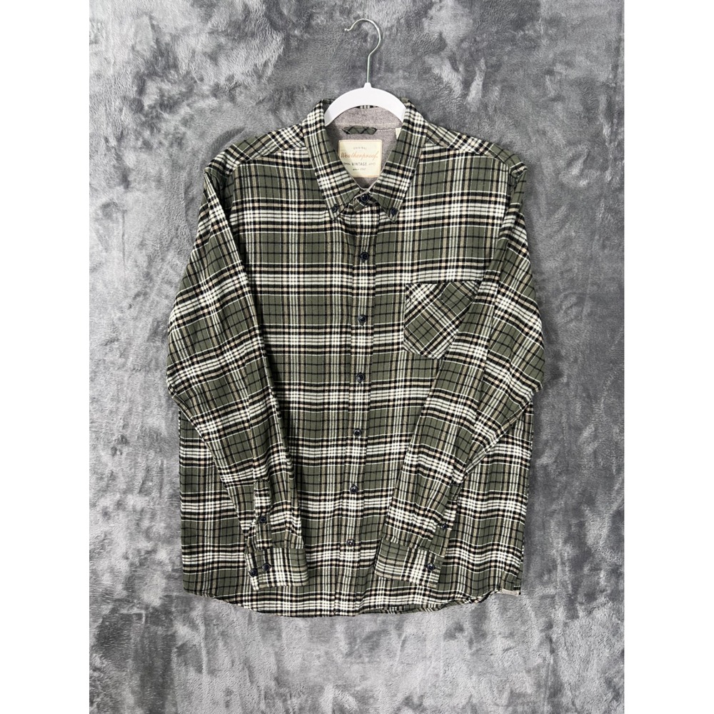 Weatherproof Vintage Mens Large Olive Green Plaid Flannel Button Down Shirt